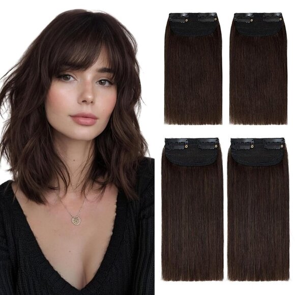 Clip In Hair Extensions Human Hair Short Straight Dark Brown 4PCS